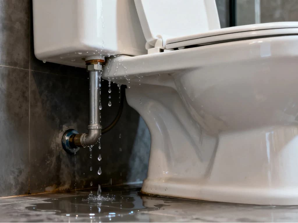 Water leaking from a toilet cistern onto a tiled bathroom floor